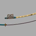 Traditional Japanese Katana Swords with Blue Gold Handle Yellow Sheath and Ornamental Details