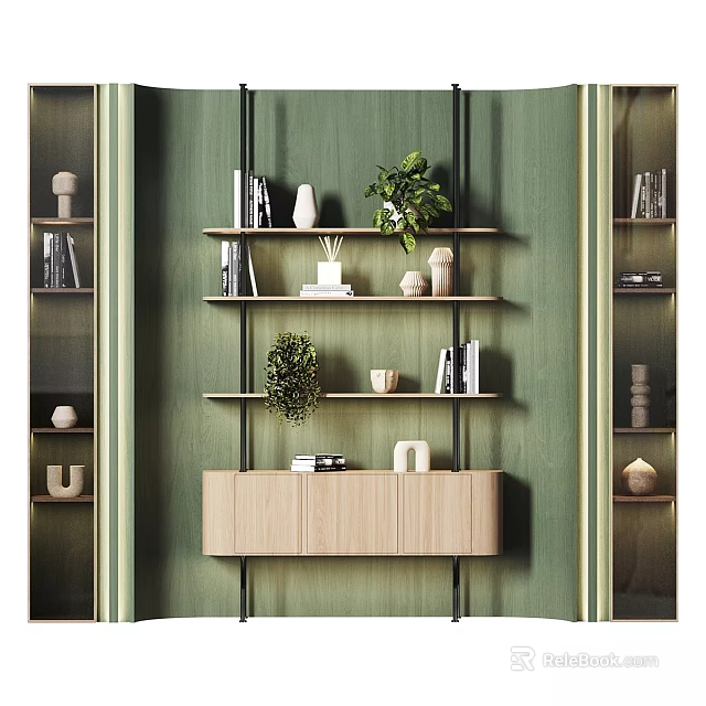 Modern Stylish Shelf Cabinet Unit With Green Wall Books Potted Plants And Decorative Vases 3d model 