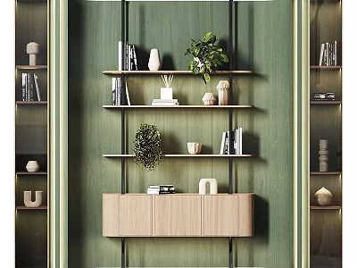 Modern Stylish Shelf Cabinet Unit With Green Wall Books Potted Plants And Decorative Vases 3d model
