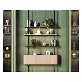 Modern Stylish Shelf Cabinet Unit With Green Wall Books Potted Plants And Decorative Vases