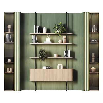 Modern Stylish Shelf Cabinet Unit With Green Wall Books Potted Plants And Decorative Vases 3d model