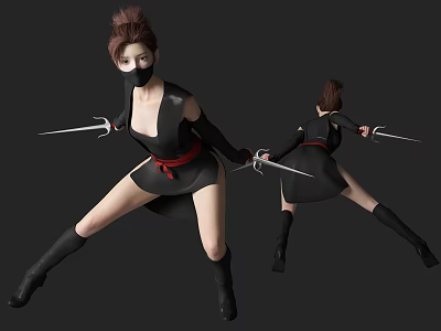 Woman In Black Outfit With Mask Holding Daggers In Dynamic Pose 3d model