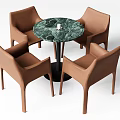 Round Marble Top Dining Table Set With Four Brown Chairs And Black Legs 3d model