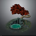 Blue Stone Building Structures With Green Pool Red Leaved Tree Grass And Scattered Red Petals