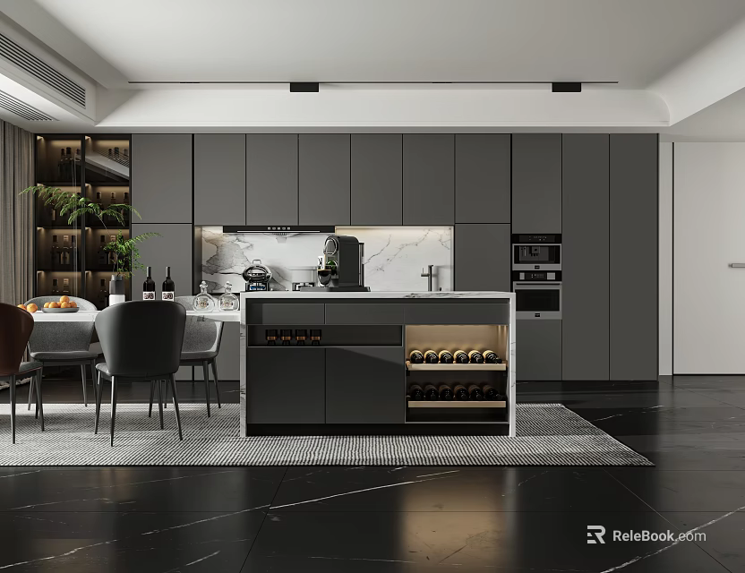 Modern Restaurant Interior With Gray Cabinets Marble Countertop Wine Rack And Dining Table 3d model 