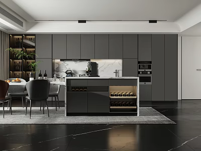 Modern Restaurant Interior With Gray Cabinets Marble Countertop Wine Rack And Dining Table 3d model