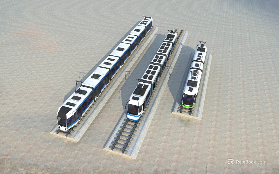Three Electric Trams Parked On Parallel Tracks With Modern Exterior Designs 3d model