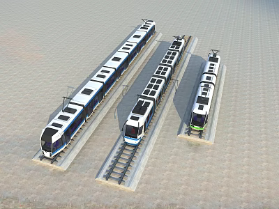 Three Electric Trams Parked On Parallel Tracks With Modern Exterior Designs 3d model