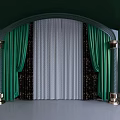 Elegant Restaurant Interior With Arched Structure Green And White Curtains And Golden Pillar Decorations