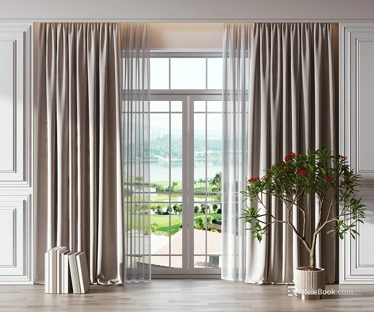 Elegant Curtains For Glass Door With Green Landscape And Indoor Potted Plant 3d model 