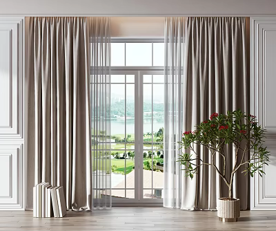 Elegant Curtains For Glass Door With Green Landscape And Indoor Potted Plant 3d model