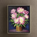 Botanical Painting Of Pink Purple Flowers In White Vase With Green Leaves And Blue Background