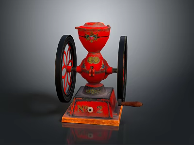 Vintage Red Computer Device With Black Wheels And Wooden Base Decorations 3d model