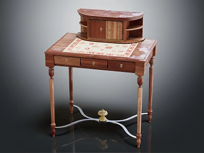 Vintage Wooden Desk With Decorative Top Drawers And Small Cabinet On Surface 3d model