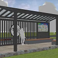Modern Outdoor Pergola With Black Roof Metal Frame Bench And Information Display Board