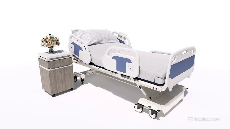 Adjustable Medical Bed with Side Rails Mattress and Bedside Cabinet for Hospital Use 3d model 