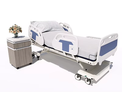 Adjustable Medical Bed with Side Rails Mattress and Bedside Cabinet for Hospital Use 3d model
