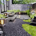Serene Garden Landscape With Various Plants Stone Pathway And Wooden Deck