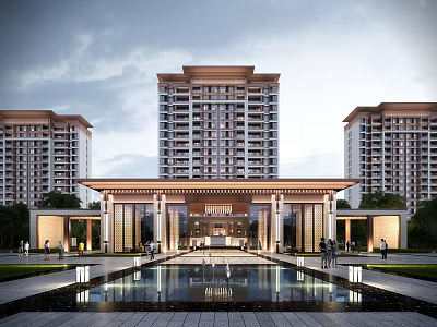 Grand Entrance Gate Of Modern Residential Area With High Rise Buildings And Central Water Fountain 3d model