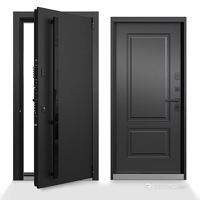 Black Swing Door Featuring Modern Solid Panel Design Sturdy Frame And Secure Lock 3d model 