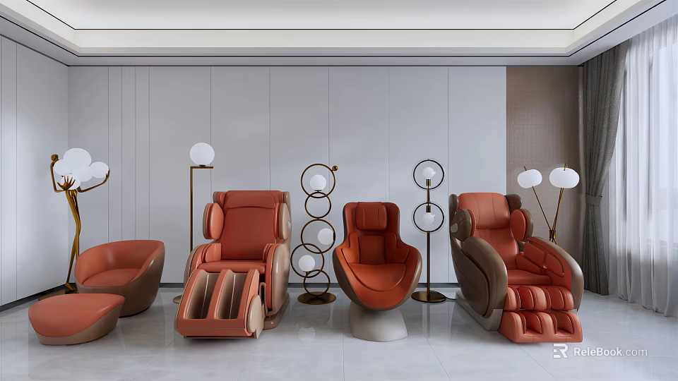 Multiple Massage Chairs In Modern Design With Brown Leather And Floor Lamps 3d model 