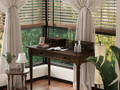 Wooden Desk by Window with Beige Curtains Open Book Photo Frame and Green Plant 3d model