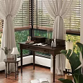 Wooden Desk by Window with Beige Curtains Open Book Photo Frame and Green Plant