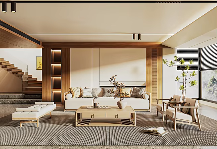 Modern Middle Ancient Style Living Room Sofa Coffee Table Combination Leisure Chair Hanging Painting Dried Flower Floor Lamp 3d model
