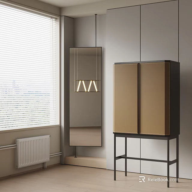 Modern Entryway Cabinet And Side Cabinet With Golden Doors Mirror Hanging Light And Window Blinds 3d model 