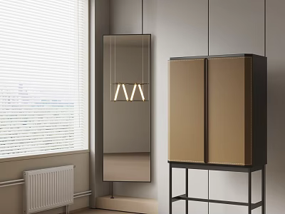 Modern Entryway Cabinet And Side Cabinet With Golden Doors Mirror Hanging Light And Window Blinds 3d model