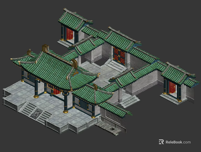 Ancient Chinese Architecture Featuring Green Roof Red Doors Overhanging Eaves And Stone Courtyard 3d model 