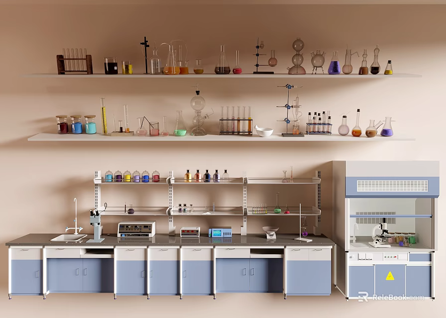 Industrial Laboratory Equipment Setup With Lab Benches Fume Hoods Glassware And Reagent Bottles 3d model 
