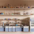 Industrial Laboratory Equipment Setup With Lab Benches Fume Hoods Glassware And Reagent Bottles