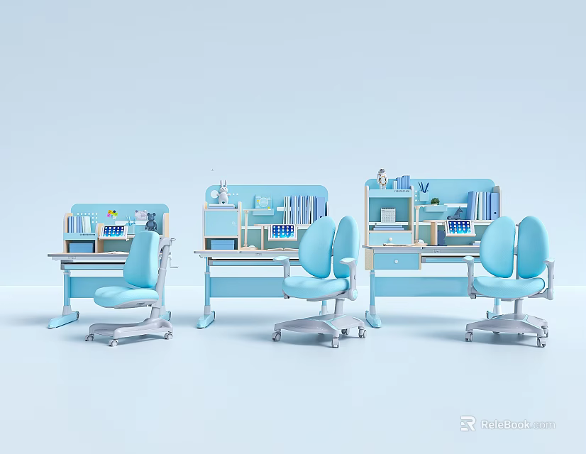 Blue Kids Study Desk And Chair Set With Storage Shelves For Children Learning Furniture 3d model 