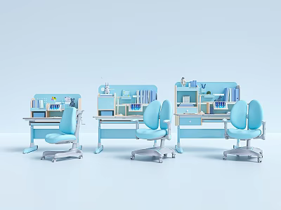 Blue Kids Study Desk And Chair Set With Storage Shelves For Children Learning Furniture 3d model