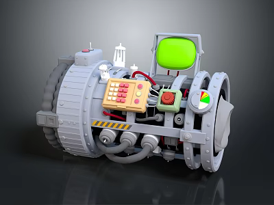 Futuristic Mechanical Device With Gray Body Green Screen Yellow Control Panel Red Wires And Wheels 3d model