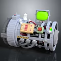 Futuristic Mechanical Device With Gray Body Green Screen Yellow Control Panel Red Wires And Wheels