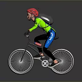 Cyclist Riding Bicycle With Red Helmet Sunglasses Green Jacket Blue Pants And Backpack