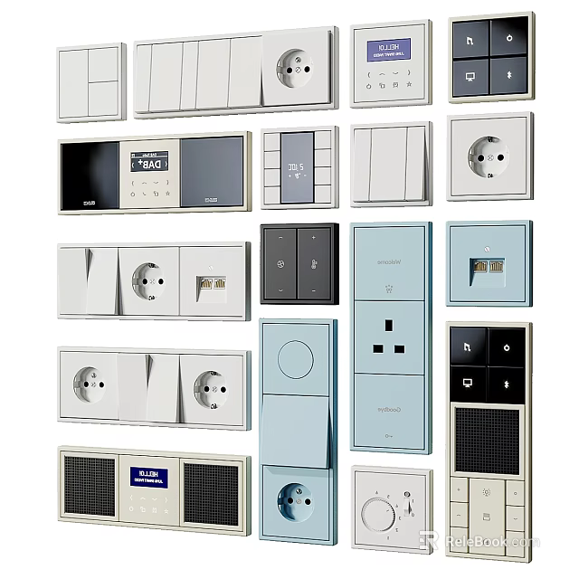 Modern Switch Panels Featuring Various Colors Designs and Socket Functions for Home Interiors 3d model 