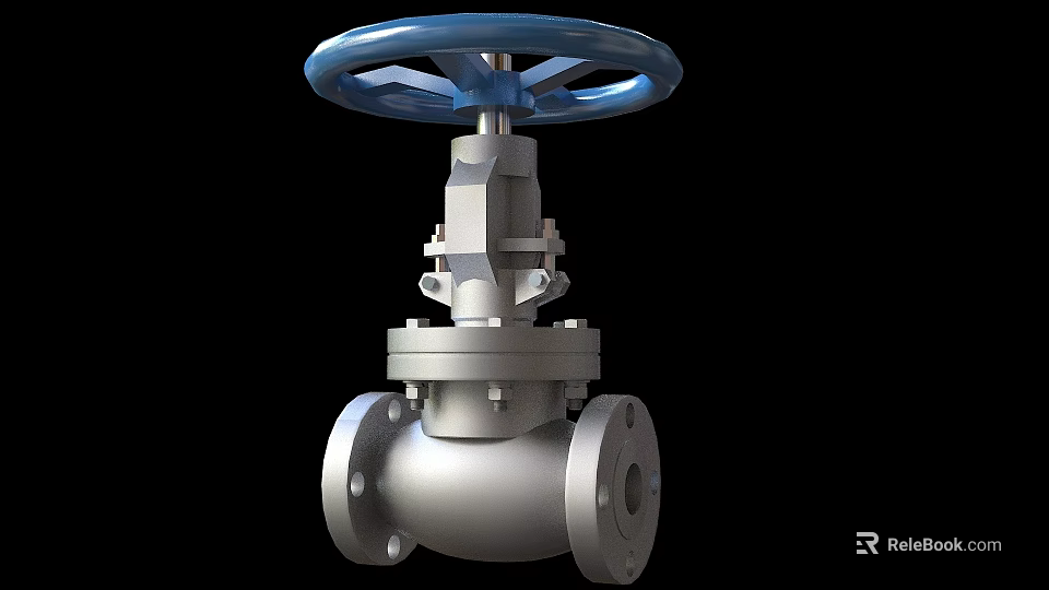 Stainless Steel Industrial Valve With Blue Wheel Handle And Flange Connections 3d model 