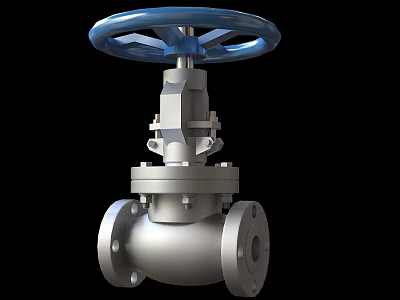 Stainless Steel Industrial Valve With Blue Wheel Handle And Flange Connections 3d model