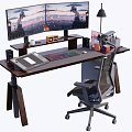 Ergonomic Home Office Wooden Desk and Chair Set with Dual Monitors Lamp and Keyboard