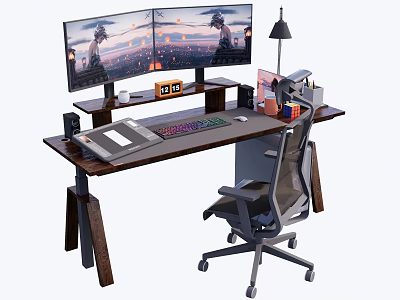 Ergonomic Home Office Wooden Desk and Chair Set with Dual Monitors Lamp and Keyboard 3d model