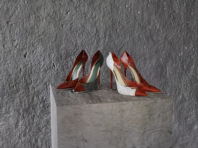 Fashionable Red And White High Heels With Sparkling Details On Gray Stone Pedestal 3d model