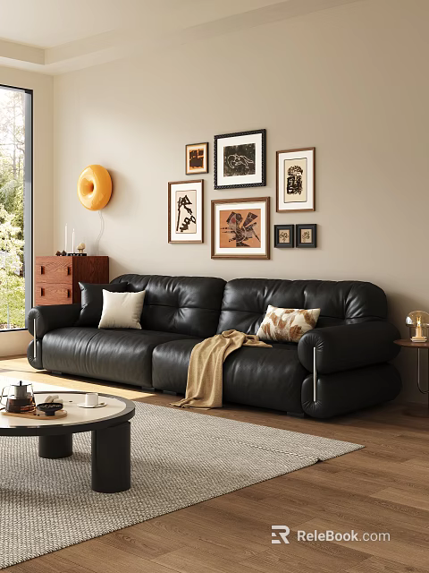 Black Leather Two Seater Sofa With Throw Pillows Blanket And Wall Art In Living Room 3d model 