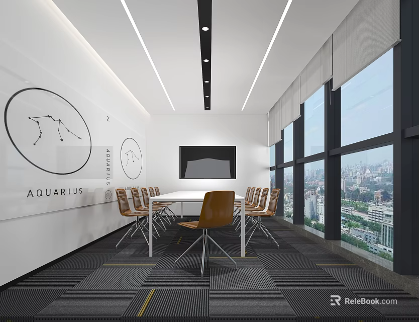 Modern Conference Room Interior Design With Long Table Chairs Large Windows And City View 3d model 