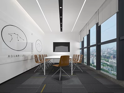 Modern Conference Room Interior Design With Long Table Chairs Large Windows And City View 3d model