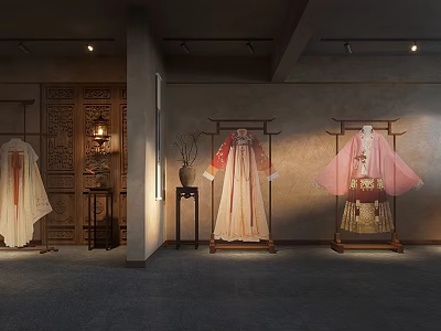 Traditional Chinese Storefront Showcasing Hanfu Dresses On Wooden Racks With Decorative Elements 3d model