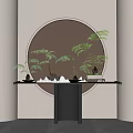Modern Console Table With Circular Mirror Green Plants And Rock Decorations 3d model