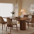Warm Modern Dining Area With Wooden Table Wicker Chairs Cabinet And Potted Plant